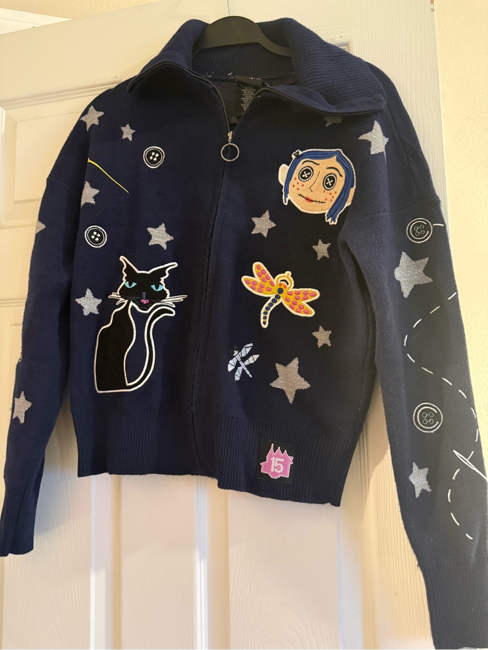 Navy Embroidered Zip-Up Sweater with Patches